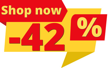 42% off, shop now (yellow speech bubble design with red discount banner) 