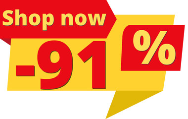 91% off, shop now (yellow speech bubble design with red discount banner) 