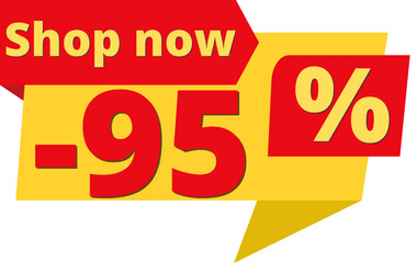 95% off, shop now (yellow speech bubble design with red discount banner) 