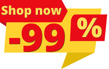 99% off, shop now (yellow speech bubble design with red discount banner) 