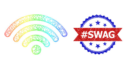 Mesh net web signal source carcass icon with rainbow gradient, and bicolor dirty #Swag seal stamp. Red seal contains #Swag caption inside blue rosette. Bright carcass network web signal source icon.