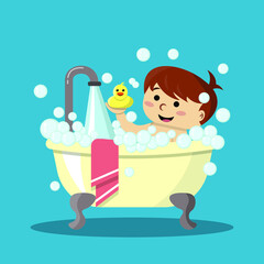 Bath time flat vector illustration with a boy holding a duck. 