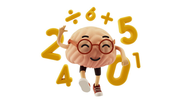 3d rendered brain character, red shoes, red glasses, 3d character, kids children 3d illustration, kids educational design, mathematics, numbers