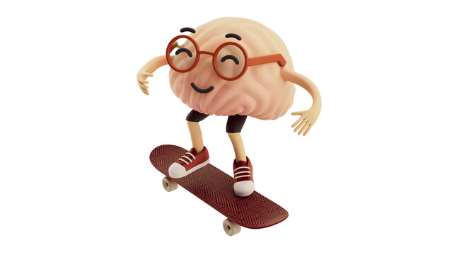 3d rendered brain character skateboarding, skateboard, red shoes, red glasses, 3d character, kids children 3d illustration, kids educational design, graphic design 
