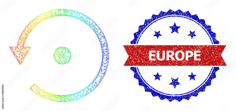 Poster crossing mesh rotate left carcass icon with rainbow gradient, and bicolor unclean europe seal. red s