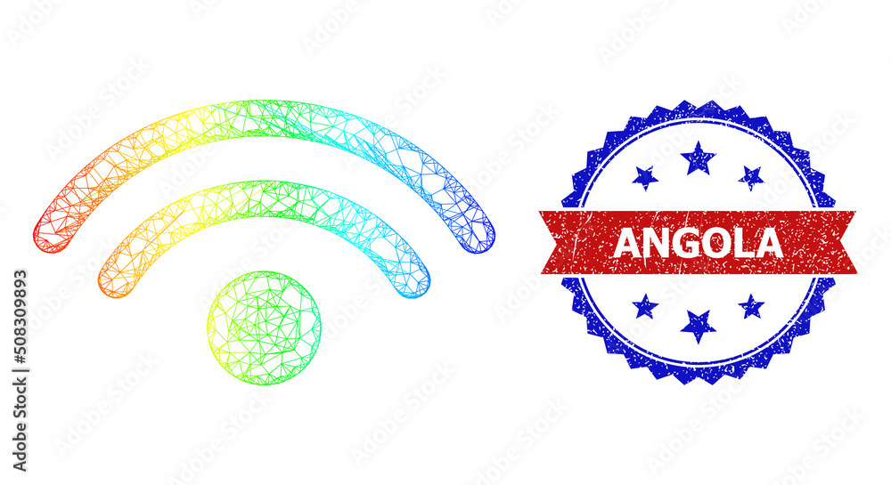 Poster mesh net wifi source carcass icon with spectral gradient, and bicolor grunge angola stamp. red stamp
