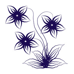 Dark Purple Floral Design On Blank Background. Three Hand Drawn Sketch Flowers With Leaves