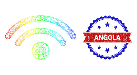 Mesh net WiFi source carcass icon with spectral gradient, and bicolor grunge Angola stamp. Red stamp contains Angola title inside blue rosette. Colorful carcass mesh WiFi source icon.