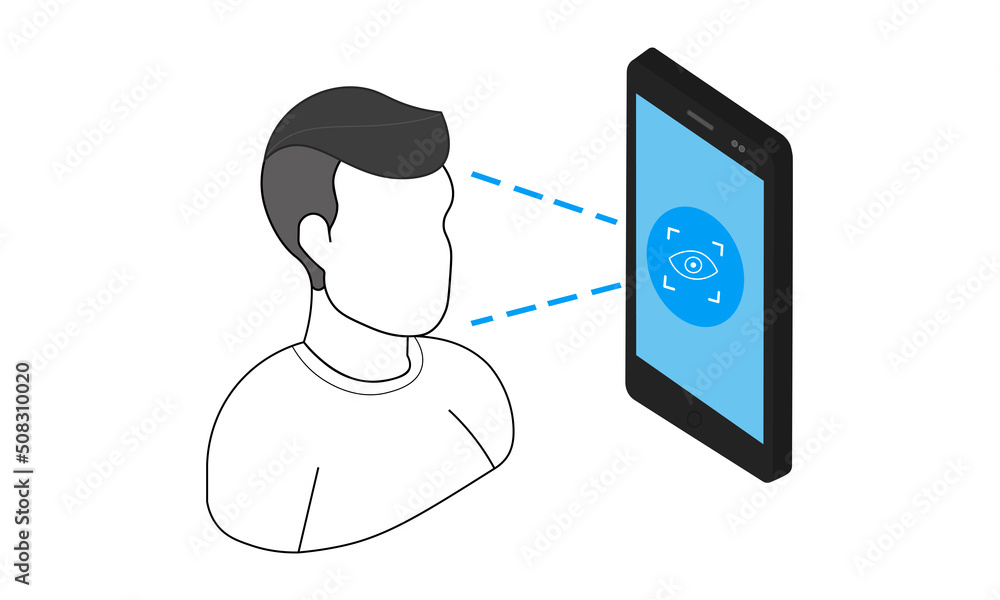 Aufkleber isometric phone with eye icons on the screen. 3d eye scanning process icons. eye recognition system 
