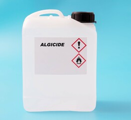 Algicide agricultural chemicals in a plastic can
