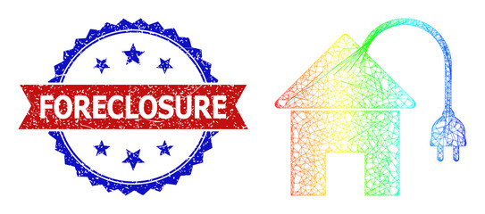 Mesh net electric house frame icon with rainbow gradient, and bicolor dirty Foreclosure seal stamp. Red badge contains Foreclosure tag inside blue rosette. Bright frame net electric house icon. - obrazy, fototapety, plakaty