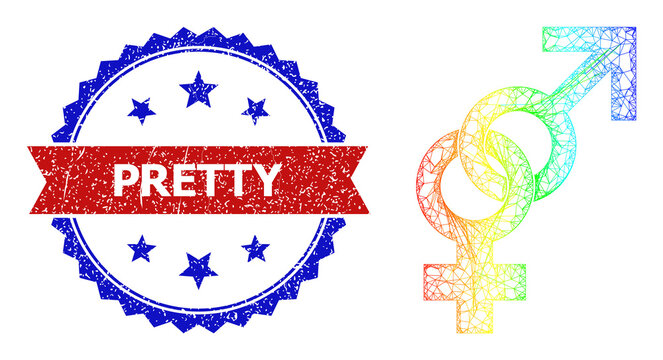 Net mesh sex pair sign frame icon with spectral gradient, and bicolor unclean Pretty seal. Red seal has Pretty text inside blue rosette. Colorful frame net sex pair sign icon.