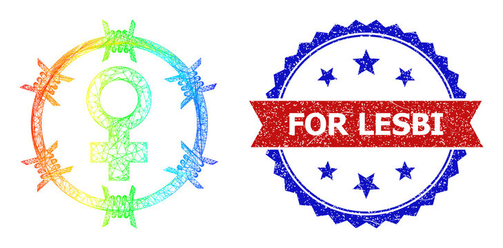 Mesh net female jail carcass icon with rainbow gradient, and bicolor grunge For Lesbi seal. Red stamp includes For Lesbi title inside blue rosette. Colorful frame mesh female jail icon.