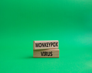 Monkeypox virus symbol. Concept word Monkeypox virus on wooden blocks. Beautiful green background. Medicine and Monkeypox virus concept. Copy space