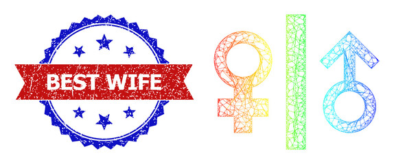 Mesh net toilet gender sign carcass icon with spectral gradient, and bicolor grunge Best Wife seal stamp. Red stamp seal has Best Wife caption inside blue rosette.