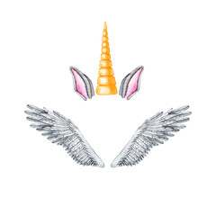 Watercolor set with unicorn wings and horn © SashaKondr