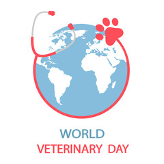 Illustration for World Veterinary Day. Stethoscope with a dog's paw on the background of the globe.
