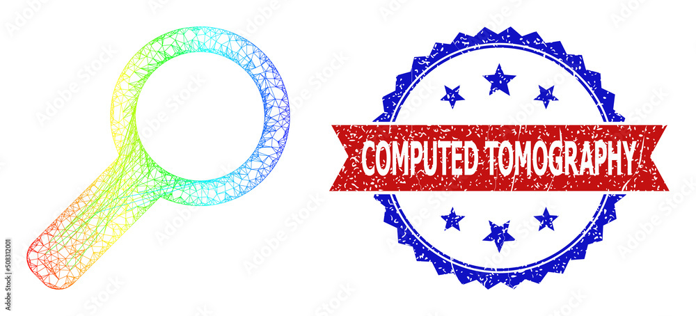 Poster net mesh search carcass icon with spectrum gradient, and bicolor dirty computed tomography seal stam