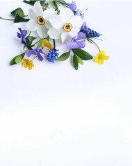 Spring bouquet with white daffodils. White, lilac and yellow flowers on a white background. Background for a greeting card.