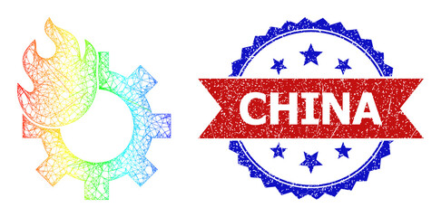 Crossing mesh hot gear frame icon with rainbow gradient, and bicolor unclean China stamp. Red stamp contains China tag inside blue rosette. Bright frame mesh hot gear icon.