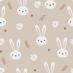 Cute cartoon rabbits with flowers seamless pattern. Baby print in Scandinavian style. Funny animals. Bunnies on a beige background. Design nursery textiles, packaging, wallpaper in pastel colors. Kids