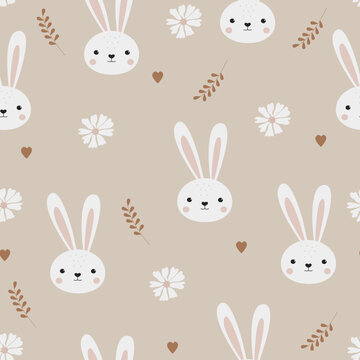 Cute cartoon rabbits with flowers seamless pattern. Baby print in Scandinavian style. Funny animals. Bunnies on a beige background. Design nursery textiles, packaging, wallpaper in pastel colors. Kids