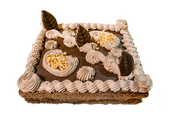 cream- chocolate cake, isolated on white