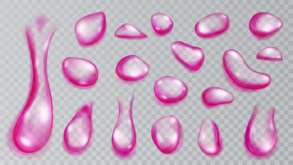 Set of realistic translucent water drops in purple colors in various shape and size, isolated on transparent background. Transparency only in vector format