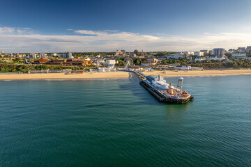 The drone aerial view  of the Bournemouth beach, Observation Wheel and Pier. Bournemouth is a...