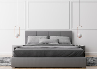 Empty white wall in modern and cozy bedroom. Mock up interior in minimalist, contemporary style. Free, copy space for your picture, text, or another design. Bed, lamps. 3D rendering.