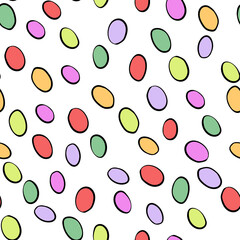 Happy Easter seamless pattern with colorful eggs on white background. Polka dots design for card, postcard, wallpaper, posters. Vector stock illustration. Cartoon style