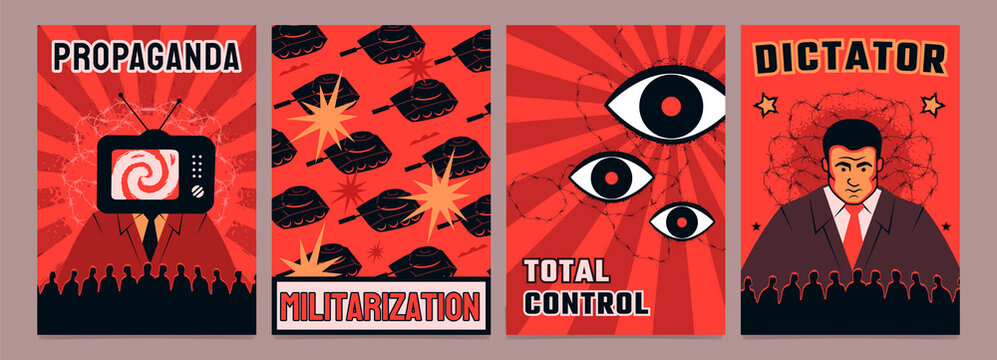 A set of placards in red and black style: propaganda, total control, dictator, militarism. Stylized posters.