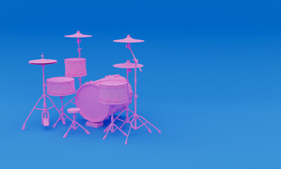 3d illustration, set of metal drums and cymbals, on a blue background, copy space, musical percussion instrument concept, 3d rendering.