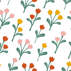 Groovy playful bouquet on white background seamless pattern. Vibrant multi colored hippie floral background.