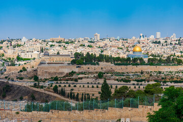 Jerusalem, Israel - June 9 2019: Spectacular panorama of Jerusalem, the city of the three religions