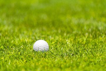 Golf ball on the green grass on a golf course on sunny day