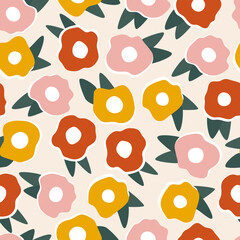 Vector 70s inspired seamless pattern. Vintage flowers on a beige background. Great for fabric, gift wrap, scrapbooking, packaging