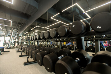Naklejka na ściany i meble Image of dumbbells for strength training are in a row in modern gym