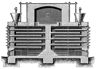 Deck roasting oven for gravel. Sectional view along the long side. Publication of the book 