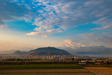 Kayseri city and Mount Erciyes at sunrise in the morning.