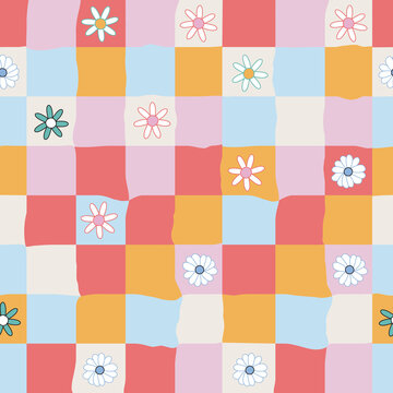 Checkerboard floral seamless pattern. Cute trendy print. Vector hand drawn illustration.