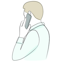 Man talking on the phone one line drawing on white isolated background