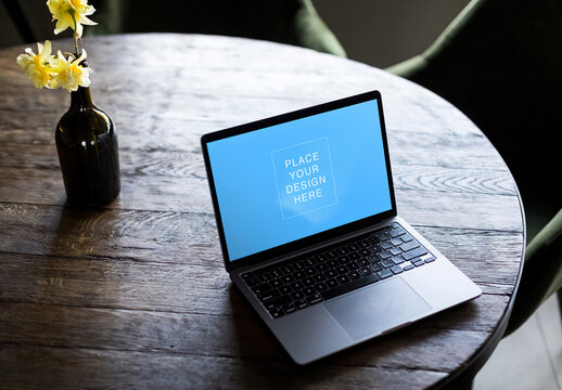 Laptop Mockup at Wooden Table for UI UX Showcase
