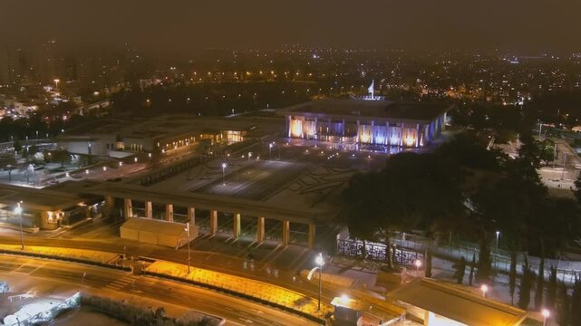 Israeli Government knesset parliament in the snow at night, aerial
Drone view from the capital of israel, Jerusalem in the winter, 2022
