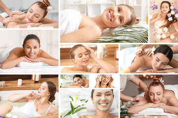 Obraz na płótnie Canvas Collage with beautiful women spending weekend in spa salon