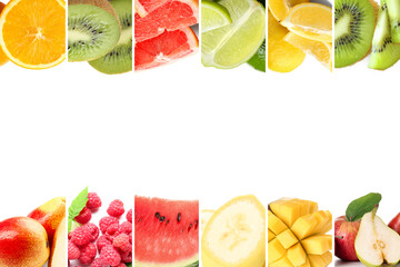 Collage with sweet ripe fruits and berries on white background with space for text