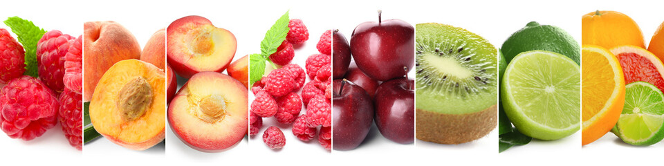 Collage with sweet ripe fruits and berries on white background