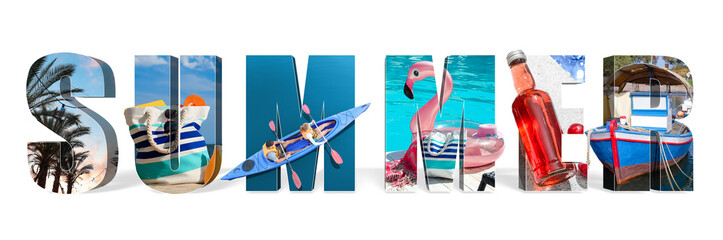 Collage with word SUMMER on white background