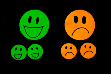 Set of smile and sadness emoticons isolated on black background. Line icons emoticons. Happy and unhappy smileys. Emoji set. Green and orange color.