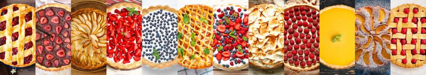 Collage with many different fruit and berry pies, top view